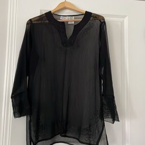 Sand N Sun Women’s Tunic Top Size M Black Sheer Long Sleeves Embroidered